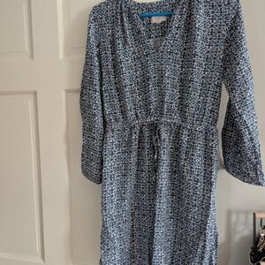 LOFT Geometric Print V-Neck Drawstring Midi Dress